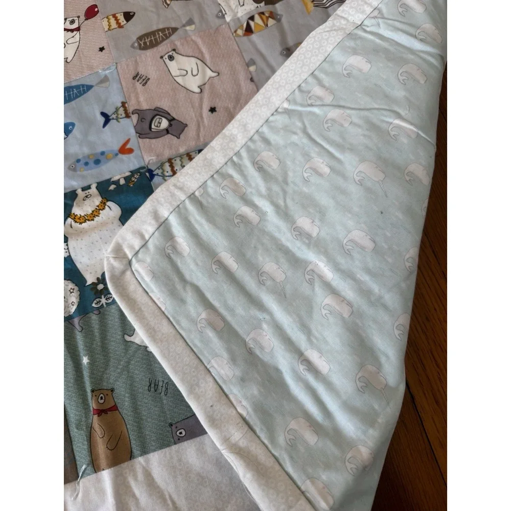 Handmade Bear And‎ Fish Patchwork Baby Boys Quilt Nursery Crib Blanket 37x49